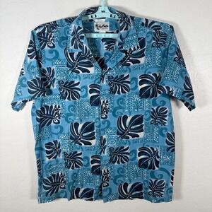 Vintage Howie Shirt Mens XL Blue Hawaiian Camp Tiki Aloha Floral Beach Island